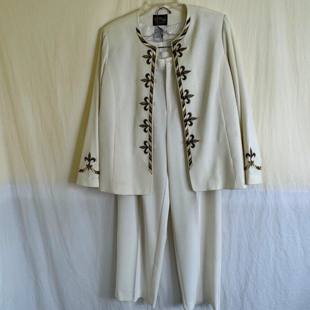 Bob Mackie Wearable Art Jacket & Pant Set Women's Size L Off White Embroidered